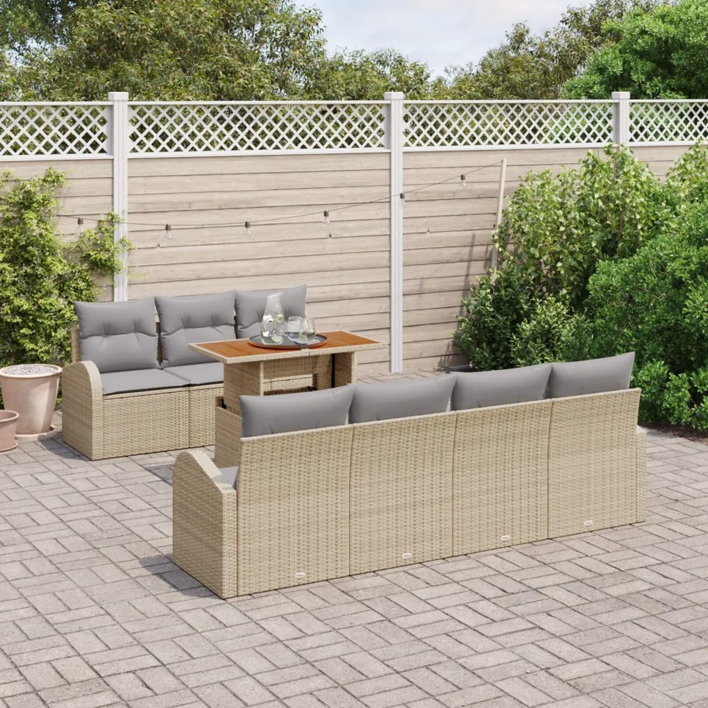 8 Részes Kert Sofaszett Párnákkal Bézs Poly Rattan, 2-Személyes Kert Sofa Tárolóval és Párnákkal Bézs Poly Rattan