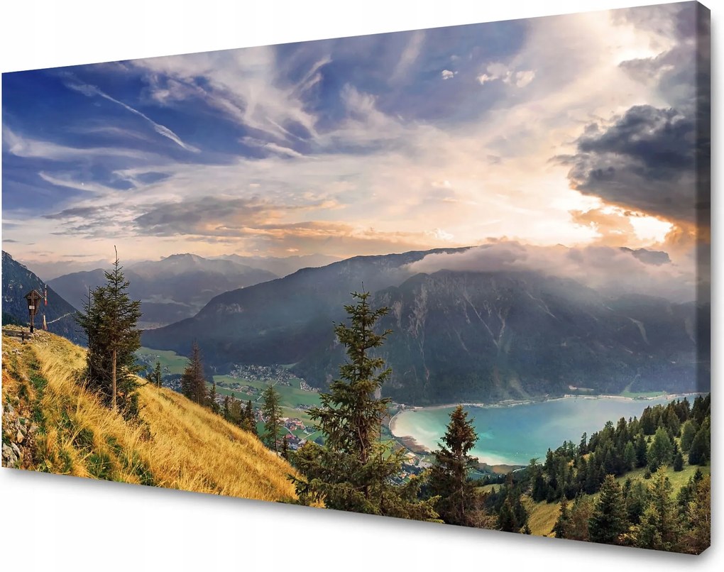 Vászonkép Nap a hegyek felett Felhők Falu 90x60 cm