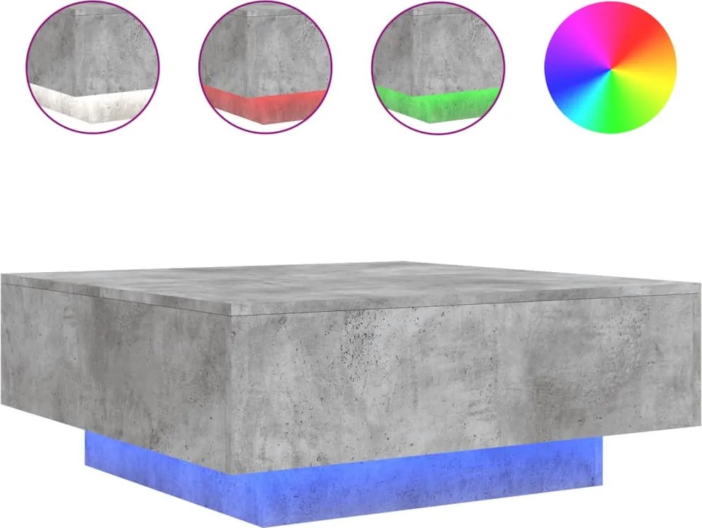 vidaXL betonszürke dohányzóasztal LED-lámpákkal 80 x 8 0x 31 cm