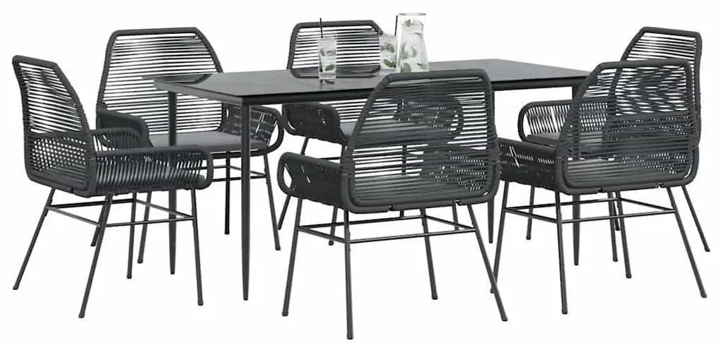 vidaXL 7 részes fekete polyrattan üveg kerti étkezőgarnitúra párnákkal