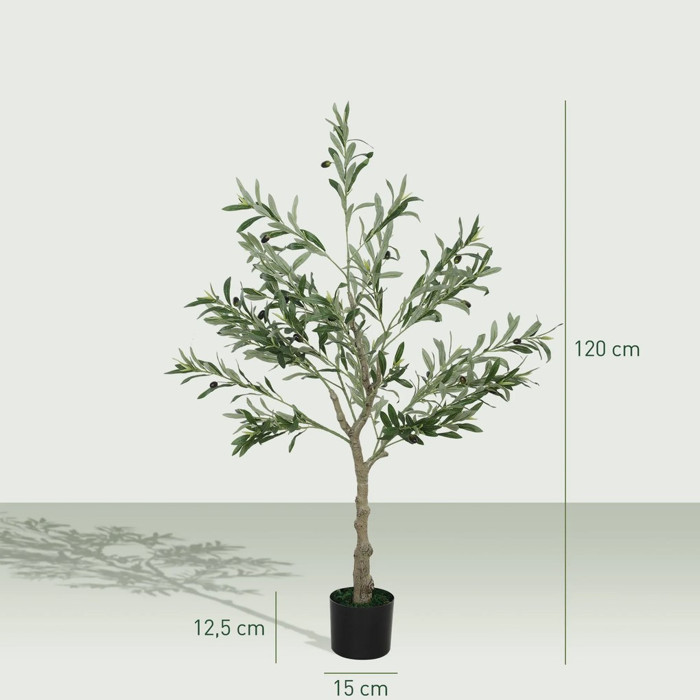 HOMCOM Műanyag Olívafa 120 cm Élethű Szobanövény Reális Levéllel és Gyümölcsökkel, Műzöld Növényi Dekoráció Otthonra, Irodába, Nappaliba, Hálószobába