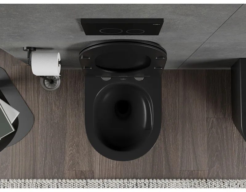 Mexen Rico, falra akasztható wc csésze 490x360x370 mm, Perem nélküli Tornado + duroplast wc ülőke, matt fekete, 30721085T