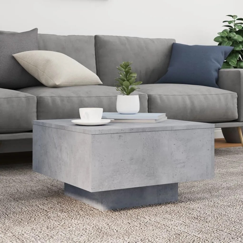Betonszürke dohányzóasztal LED-lámpákkal 55 x 55 x 31 cm