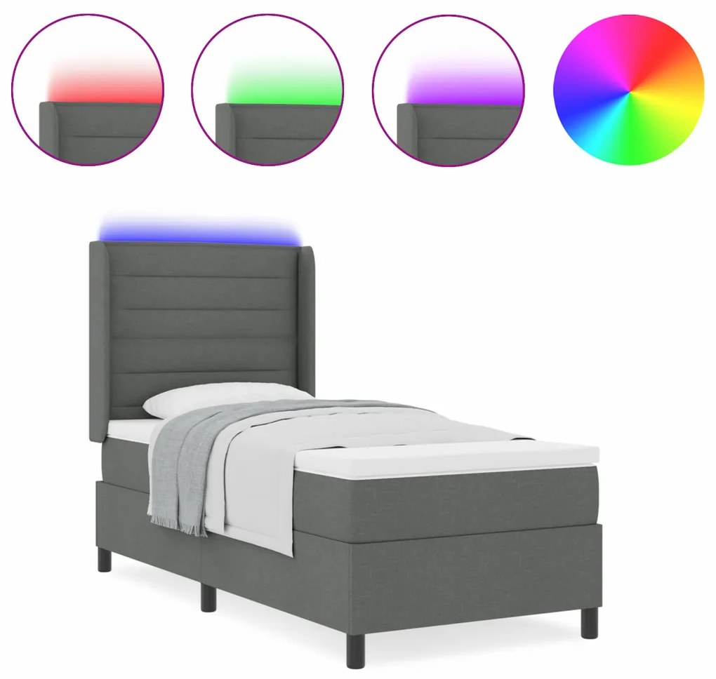 Boxspring Ágy Matraccal és LED Fekete Szürke 90x200 cm Szövet