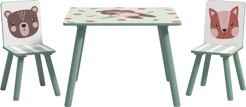 ZONEKIZ Gyermekasztal 2 székkel, 3 részes magasságban állítható fából készült gyermekbútor szett aranyos állatmotívummal, 60 x 60 x 44 cm Zöld | Aosom