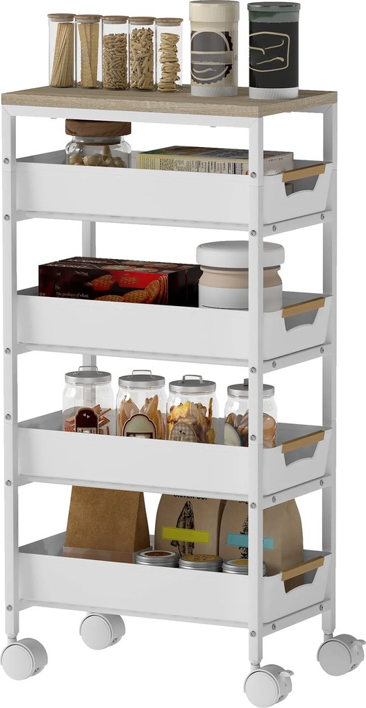HOMCOM 5 szintes konyhai tároló kocsi kerekekkel Fából készült hatású lap és 4 eltávolítható fiók - 39,5x24x82 cm Fehér | Aosom