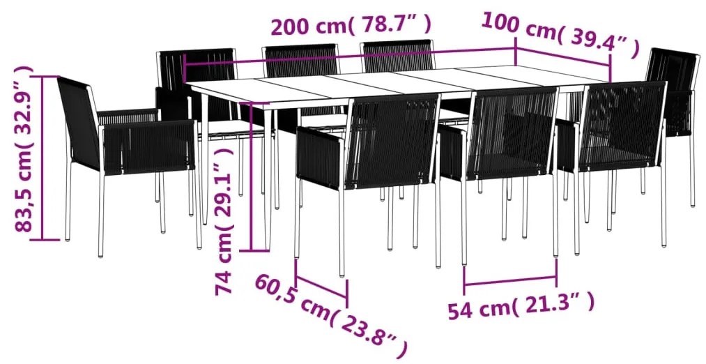 9 részes fekete polyrattan és acél kerti étkezőszett párnákkal