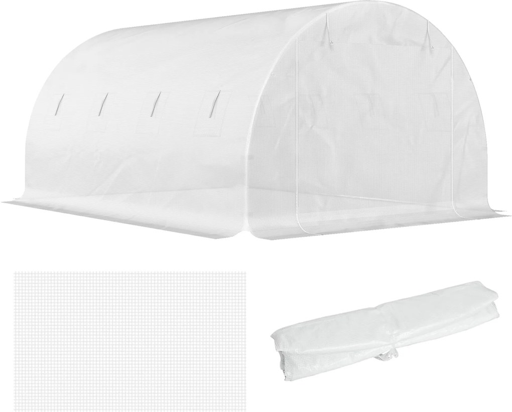Outsunny Csere Burkolat Kert Alagút Üvegházhoz 12 m², 4 x 3 x 2 m PE Anti-UV vízálló 8 ablak + Cipzáras Felhúzható Ajtó Fehér | Aosom