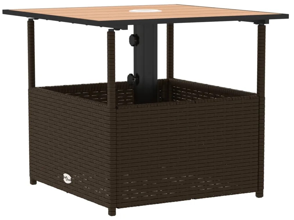 barna polyrattan kerti asztal napernyőlyukkal 55x55x46,5 cm