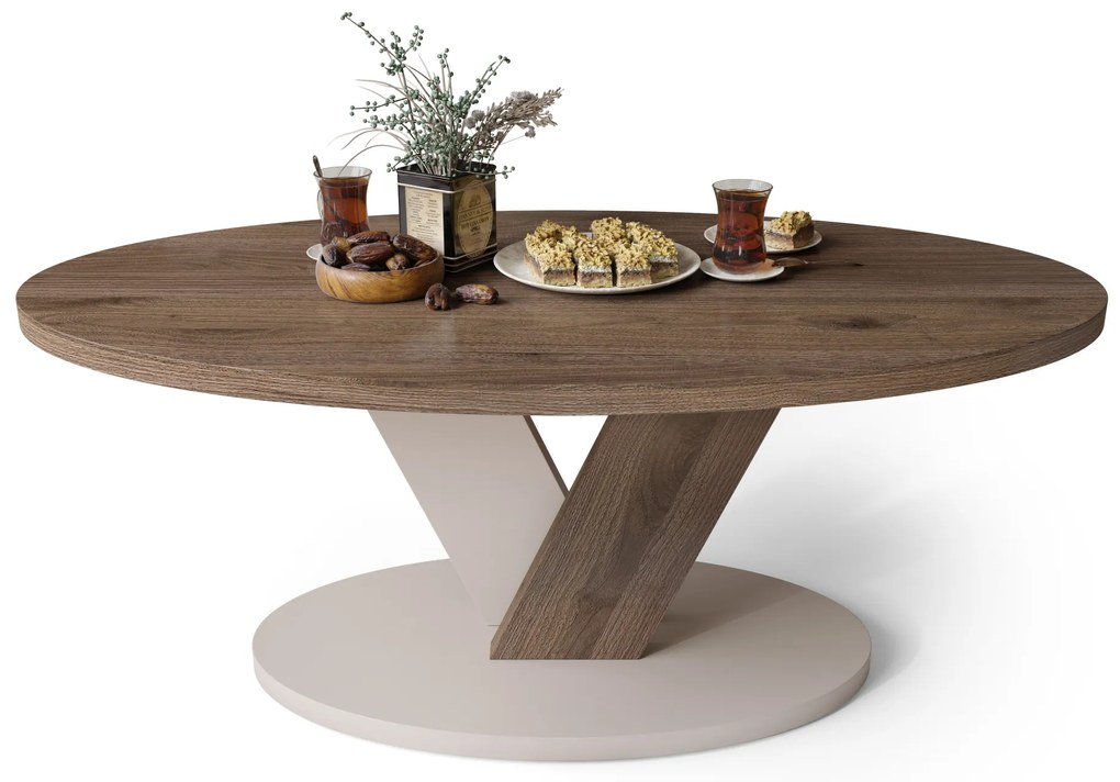 Mazzoni LOVA Elegáns Dió/Beige Taupe - OVÁLIS DOHÁNYZÓASZTAL 110x60 cm MODERN KÁVÉZÓ ASZTAL