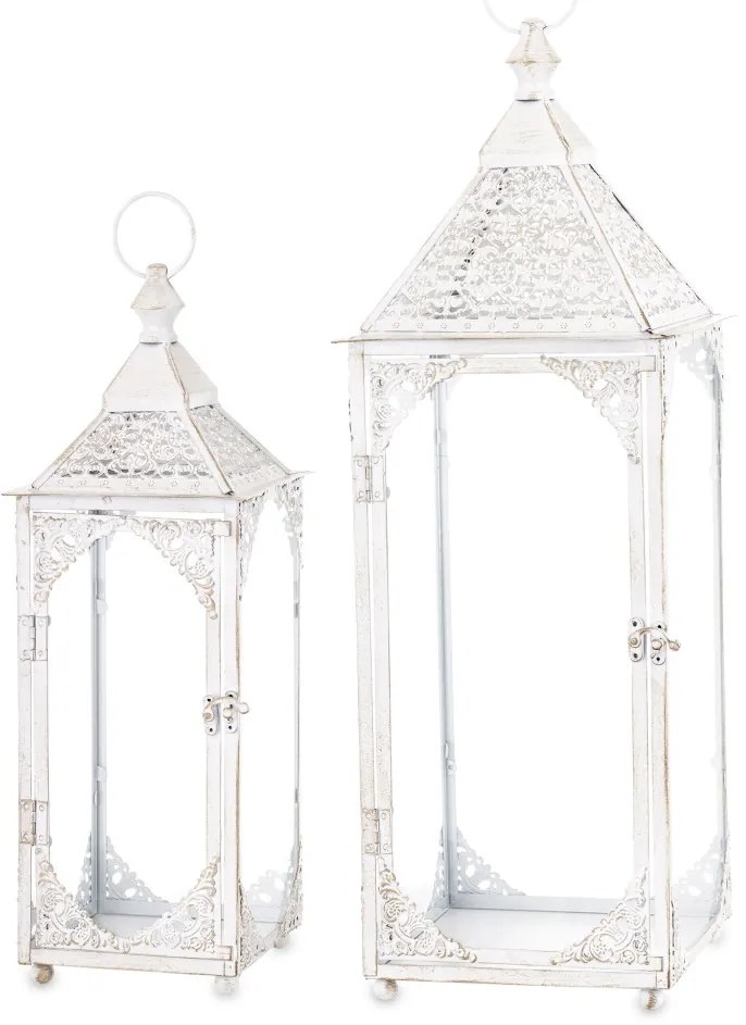Vintage fehér szögletes 2db-os fém lámpás lantern szett fogantyúval 48x17x17 / 64x22x22cm