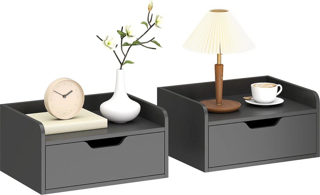 HOMCOM 2 db lebegő falra szerelhető éjjeliszekrény csúszó fiókkal és polccal, fekete — 40 x 30 x 19,5 cm | Aosom
