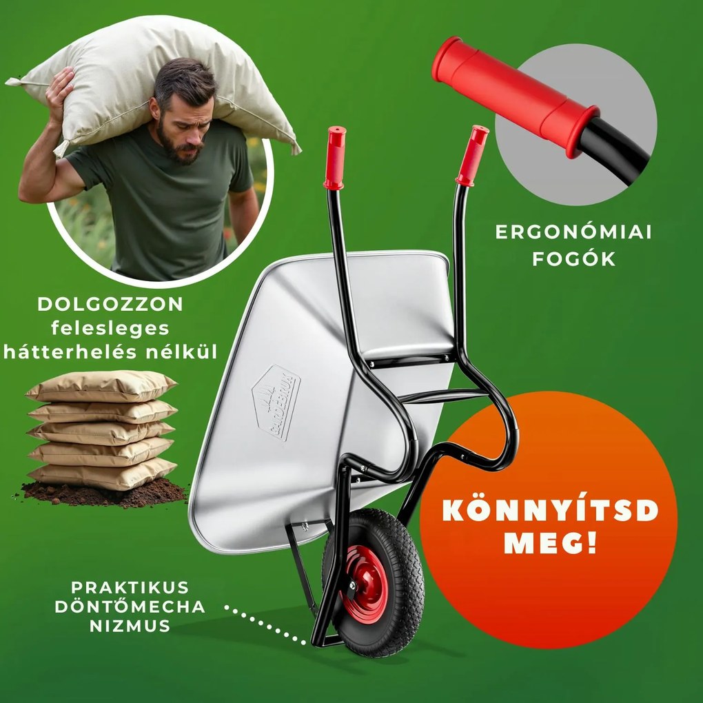 BARRY horganyzott talicska, max. kapacitás 100l/250kg, ezüst/fekete Gardebruk