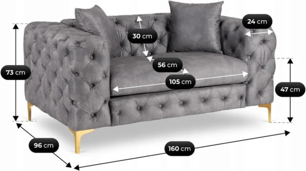 Sofa SORRENTO 2S Dwuosobowa Szara Welurowa