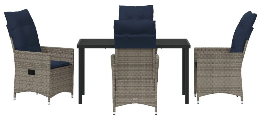 5 részes kerti étkezőgarnitúra párnákkal - Szürke poli rattan, fekete asztal 140x80x73 cm - Temperált üveg