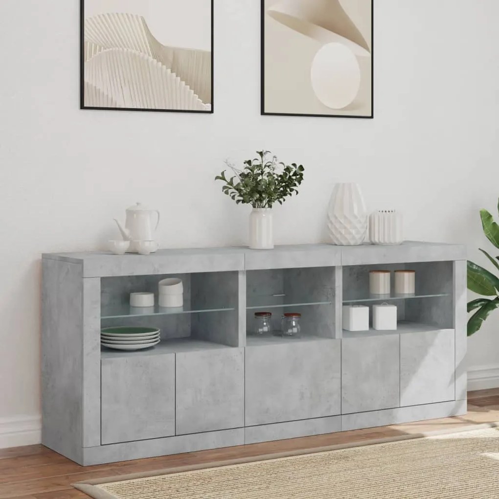 betonszürke tálalószekrény LED-világítással 162 x 37 x 67 cm