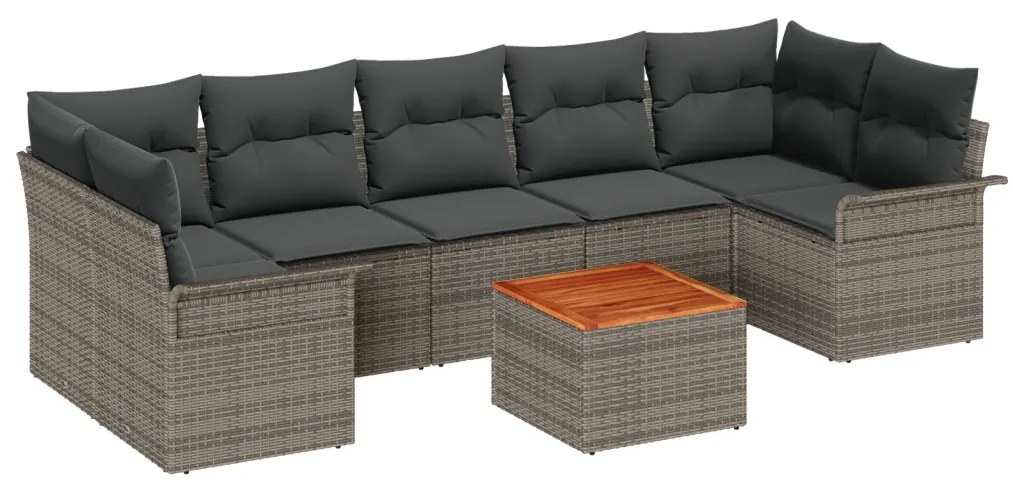 8 darabos Kerti Kanapé Szett Párnákkal Szürke Poli Rattan Acacia, 2-fős Kerti Kanapé Tárolóval és Párnákkal Szürke Poli Rattan
