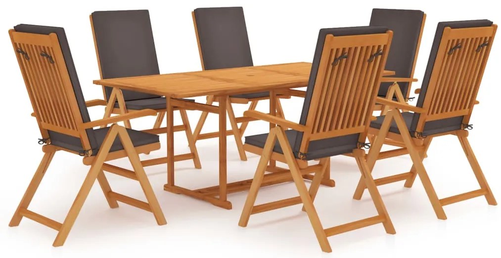 vidaXL 7 részes tömör tíkfa kerti étkezőgarnitúra szürke párnákkal