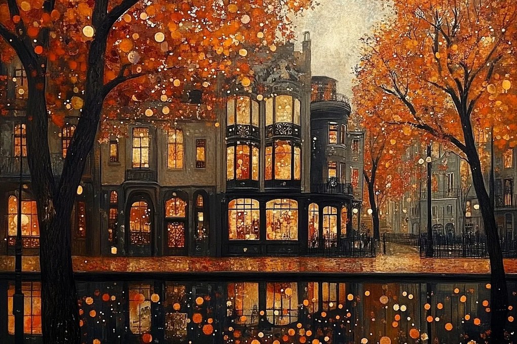 Vászonkép Canvas Város Utca Bérházak Ősz Levelek Eső 60x40