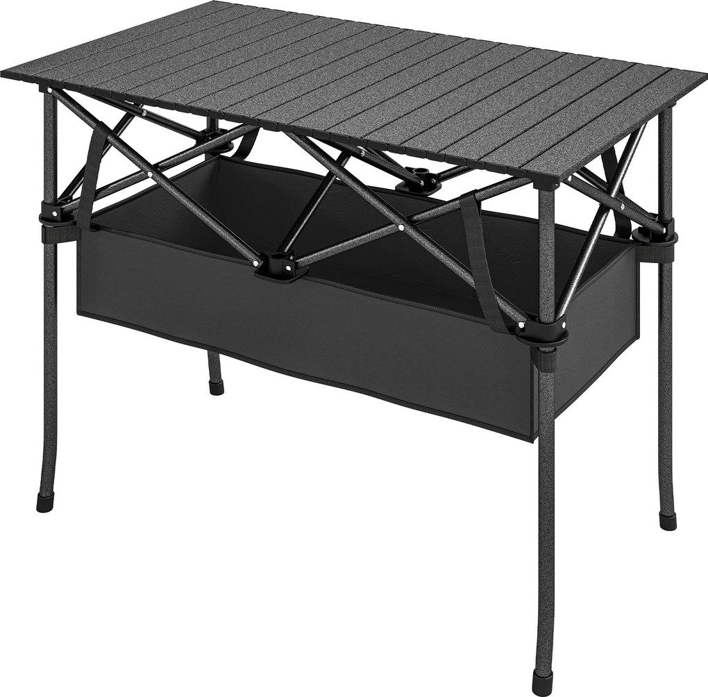 Outsunny összecsukható kempingasztal, 93 x 55 x 68 cm, hordozható gurítható alumínium lappal és tárolóhálóval, fém váz, hordtáska, fekete | Aosom