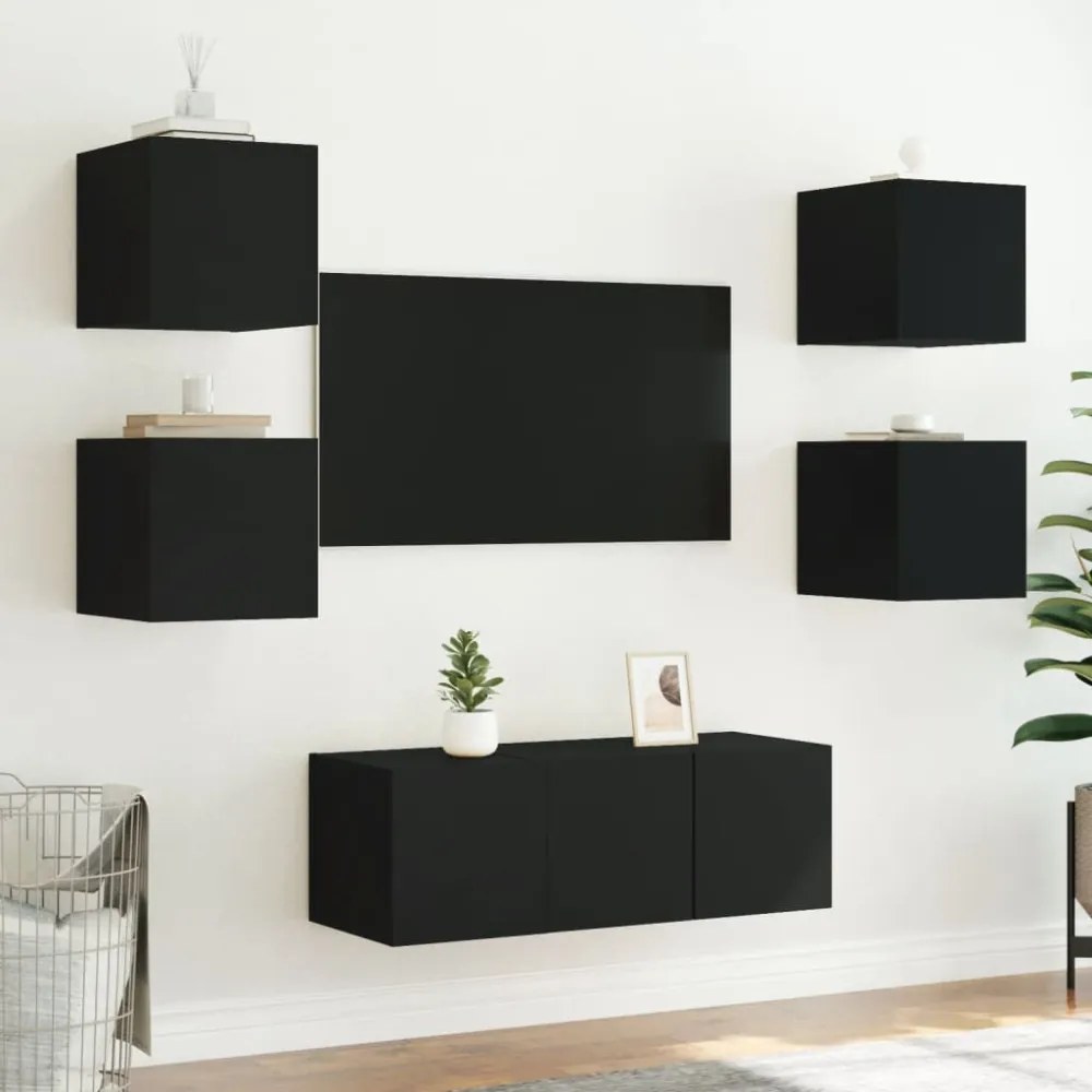 2 db fekete fali TV-szekrény LED-világítással 30,5x35x30 cm