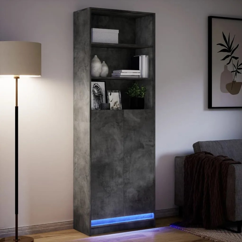 betonszürke szerelt fa magasszekrény LED-ekkel 69x32,5x200 cm