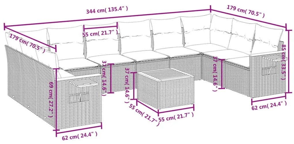 11 részes szürke polyrattan kerti ülőgarnitúra párnákkal