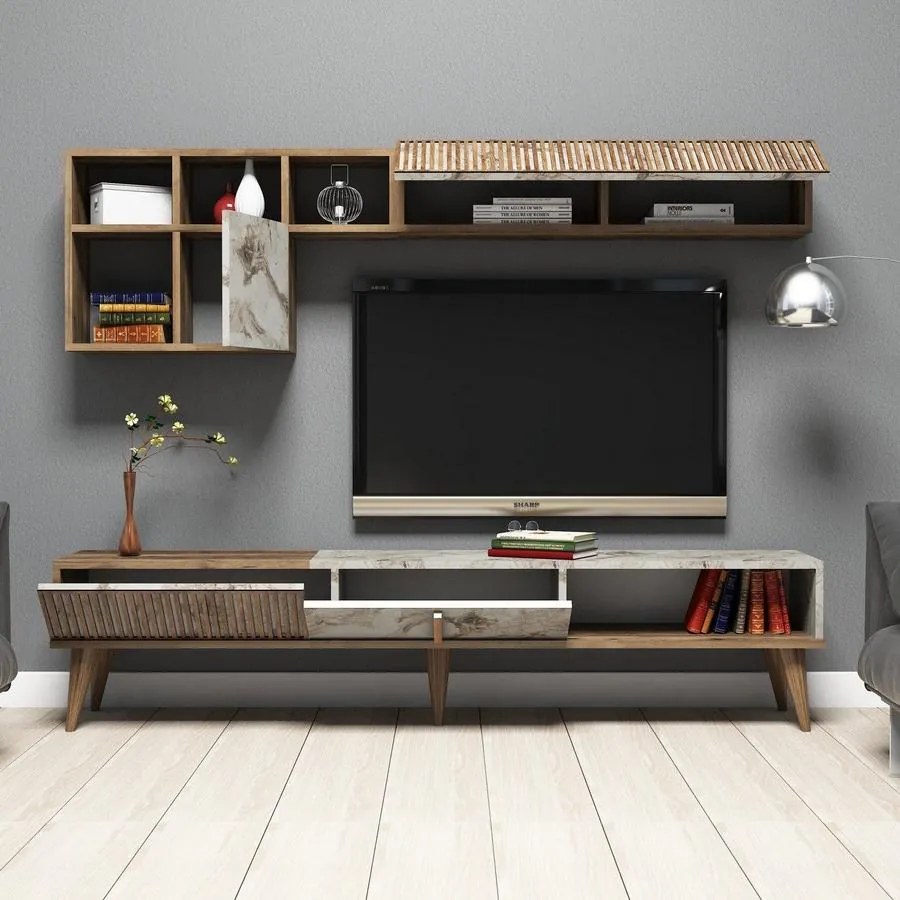 TV szekrény Milan - Walnut, White Marble