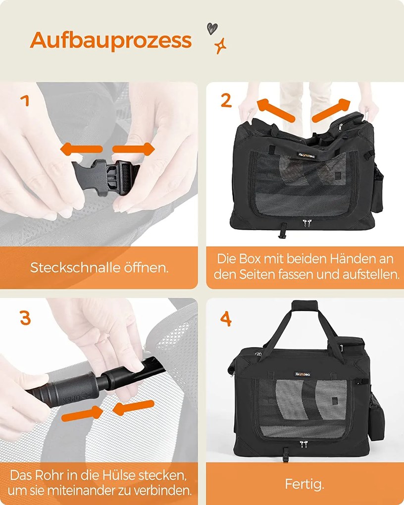 Kutyaszállító táska 60 x 42 x 42 cm, összecsukható kisállathordozó, m, fekete | feandrea