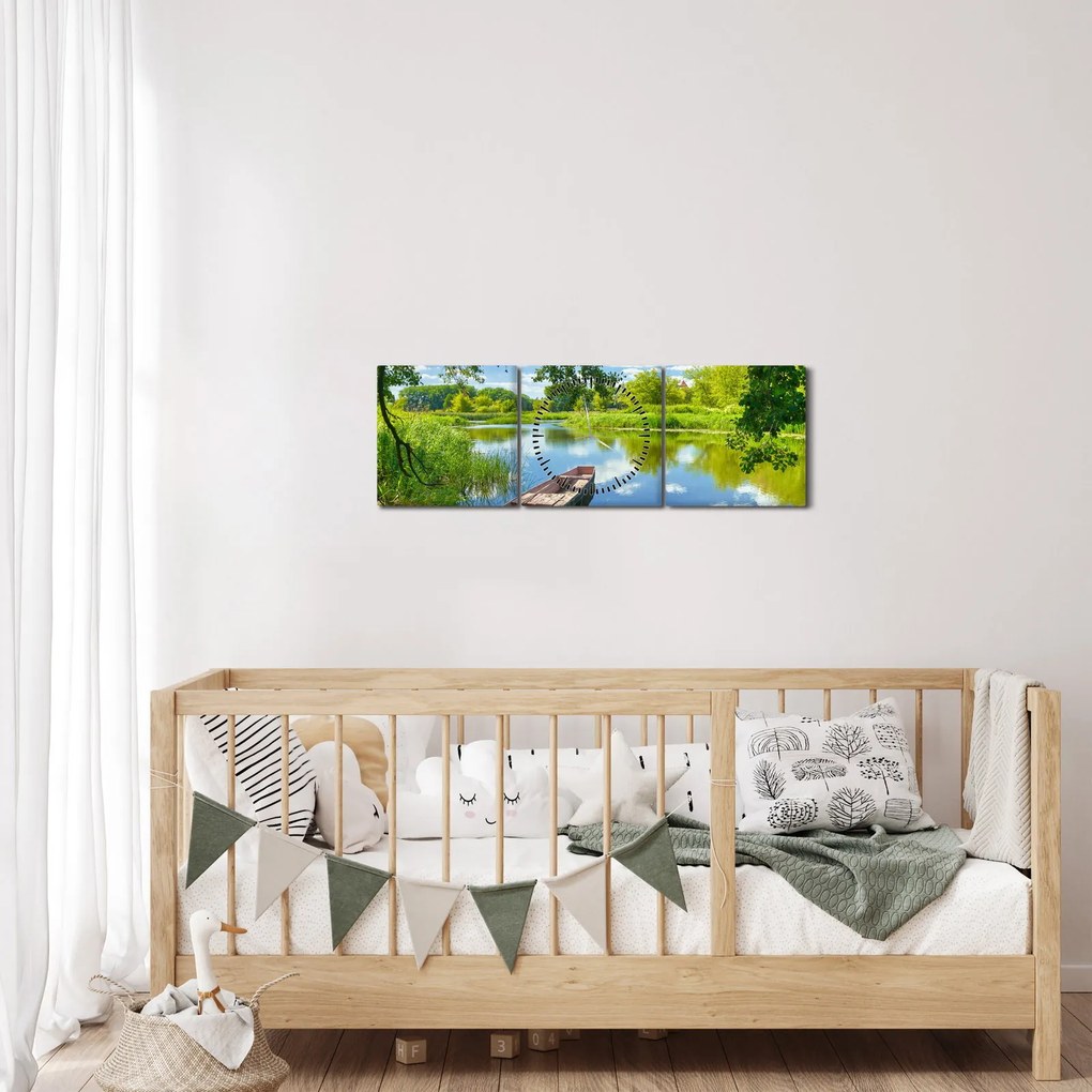 Egy nyári folyó képe hajóval (órával) (90x30 cm)