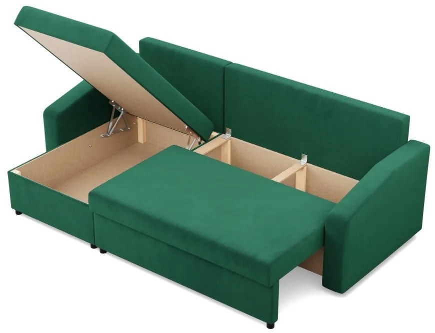 Zeus sarokkanapé, 2 ágyneműtartóval, döntött kartámasz, bársony, univerzális oldal, hab töltet, zöld