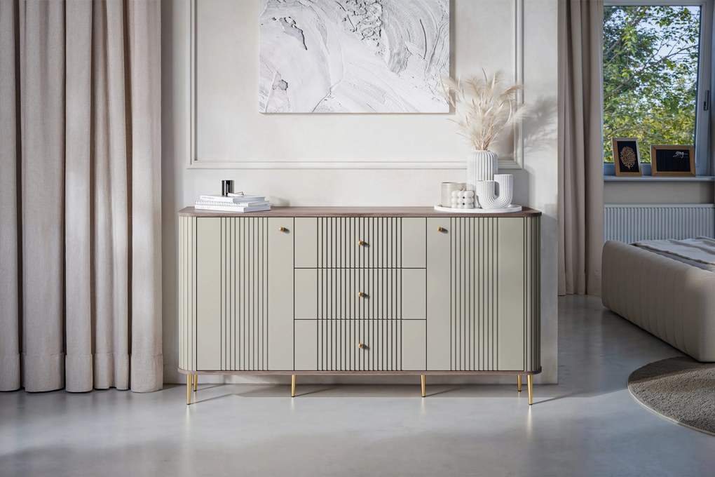 Vesper komód 160 cm fiókokkal - kasmír / dió / arany lábak