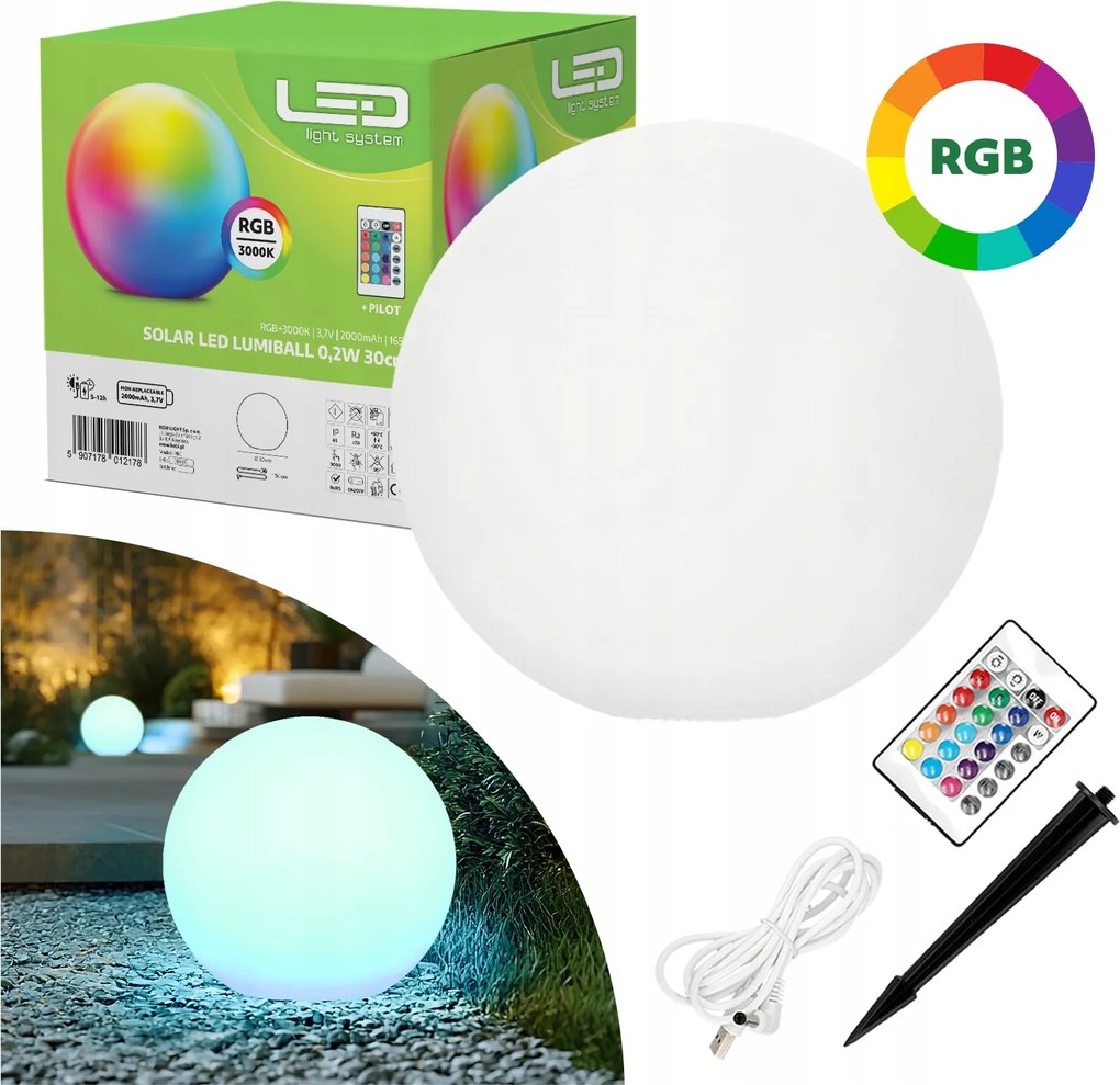 Kerti Lámpa Napelemes Gömb Távirányító 30cm 3000K+RGB Usb