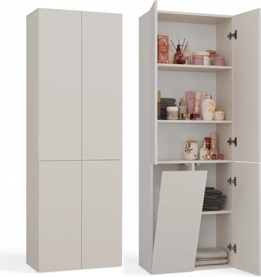 Fürdőszoba Szekrény Nel 1K DD Kasmír Bézs Könyvespolc Oszlop Szennyestartó Kosárral