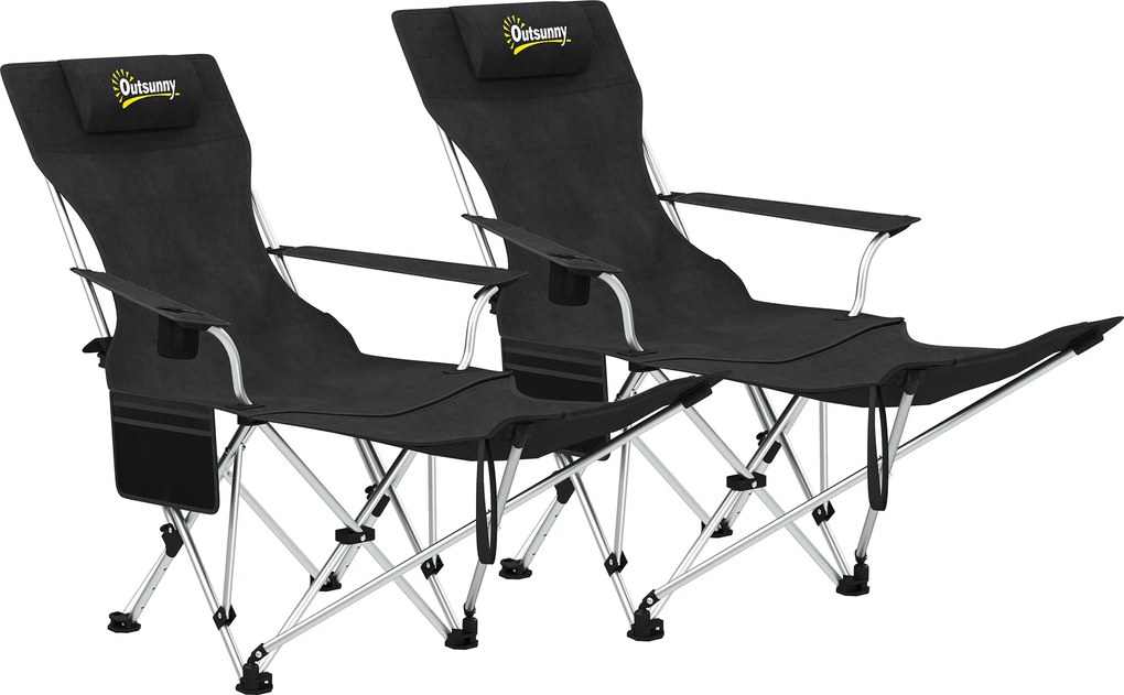 Outsunny 2 db-os Összecsukható Kemping Szék Kivehető Lábpihentővel, Pohártartóval, Fejtámlával, Kertiszék, 120 kg-ig Terhelhető, Felnőtteknek, Összecs