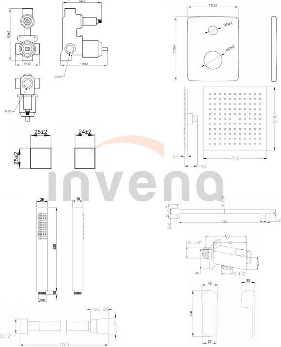 Invena Siros, rejtett zuhanygarnitúra 2 kivezetéses testtel, fekete matt, INV-BS-90-010-A
