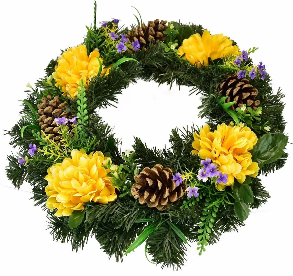 Halászcsésze koszorú sárga krizantémokkaldíszítve, 35 cm