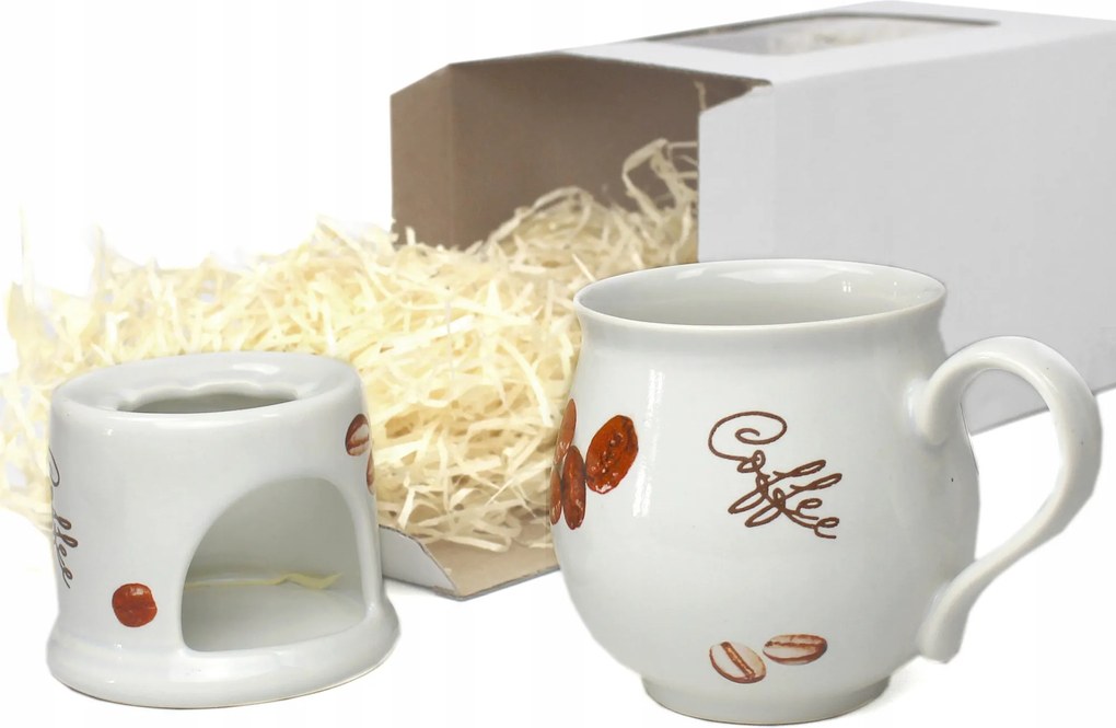 Ajándék szett 0,4 l-es kerámia bögre kávébab melegítővel