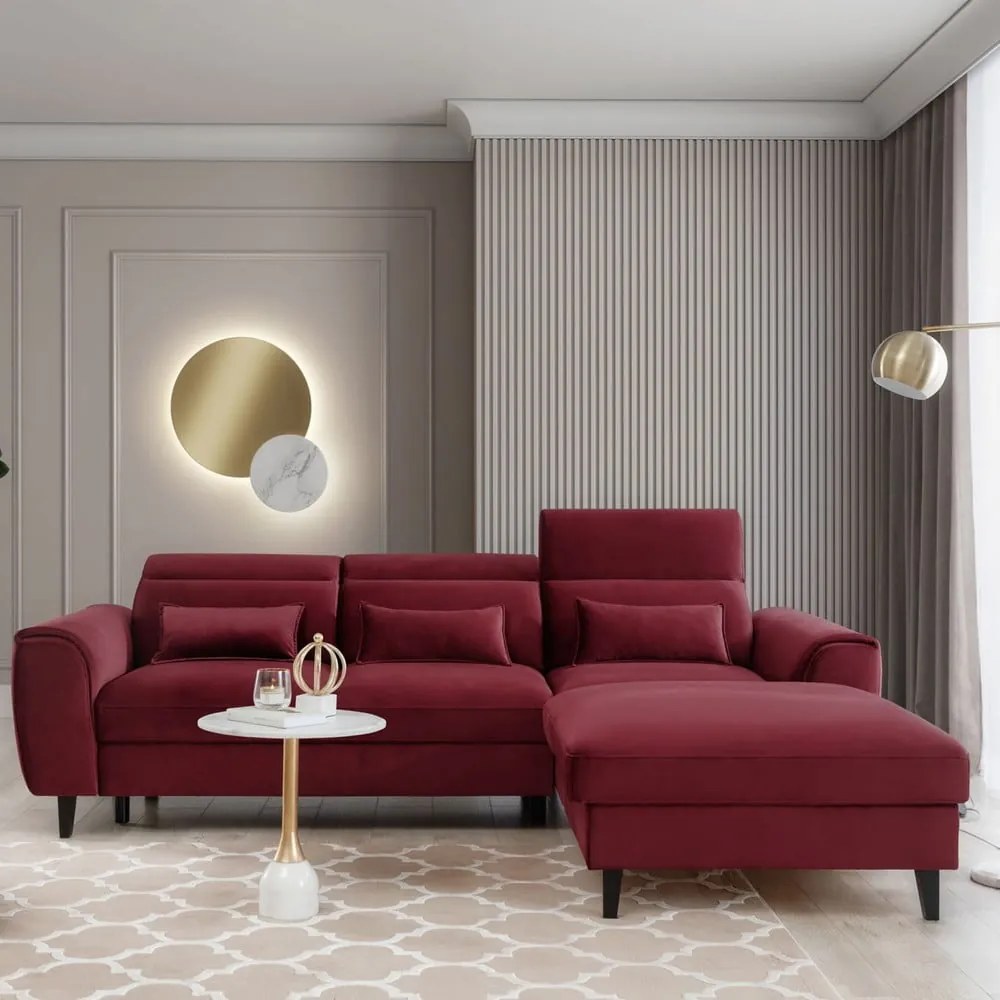 Piros bársony kinyitható-tárolóhelyes sarokkanapé (jobb oldali-heverő résszel) Foble – ELTAP