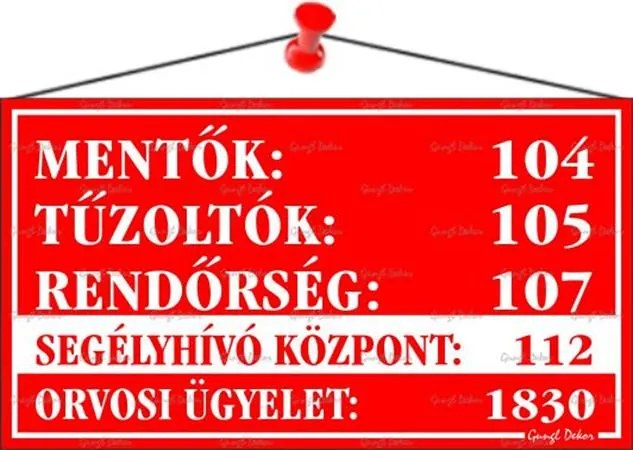 Információs tábla, 22,5x12,5 cm, Mentők tűzoltók, rendőrség telefonszámok, piros (LUIN029)