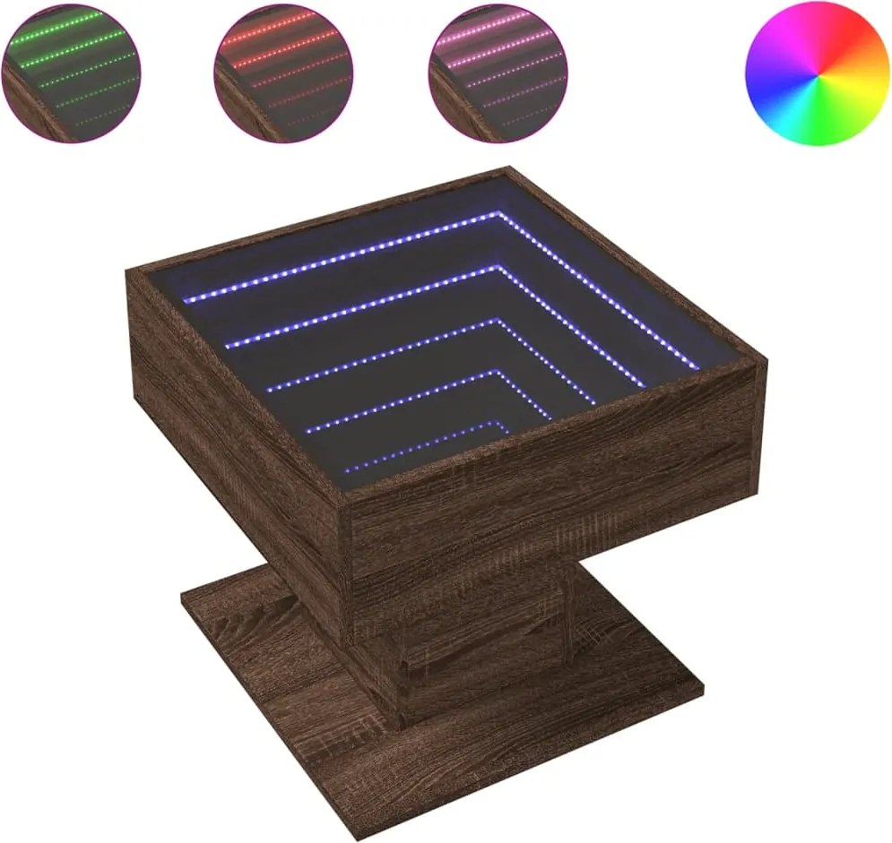 vidaXL barna tölgy szerelt fa dohányzóasztal LED-del 50 x 50 x 45 cm