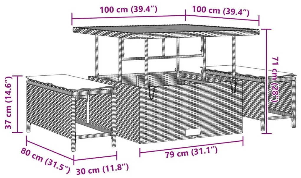 11 darabos kerti kanapészett párnákkal, fekete poly rattan akác, 3 darabos kerti étkező szett párnákkal, fekete poly rattan akác