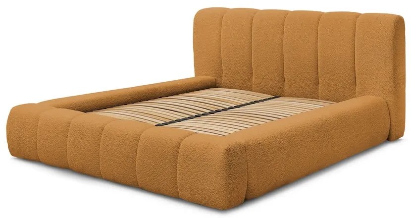 Mustársárga kárpitozott ágyneműtartós franciaágy ágyráccsal 140x190 cm Denali – Bobochic Paris