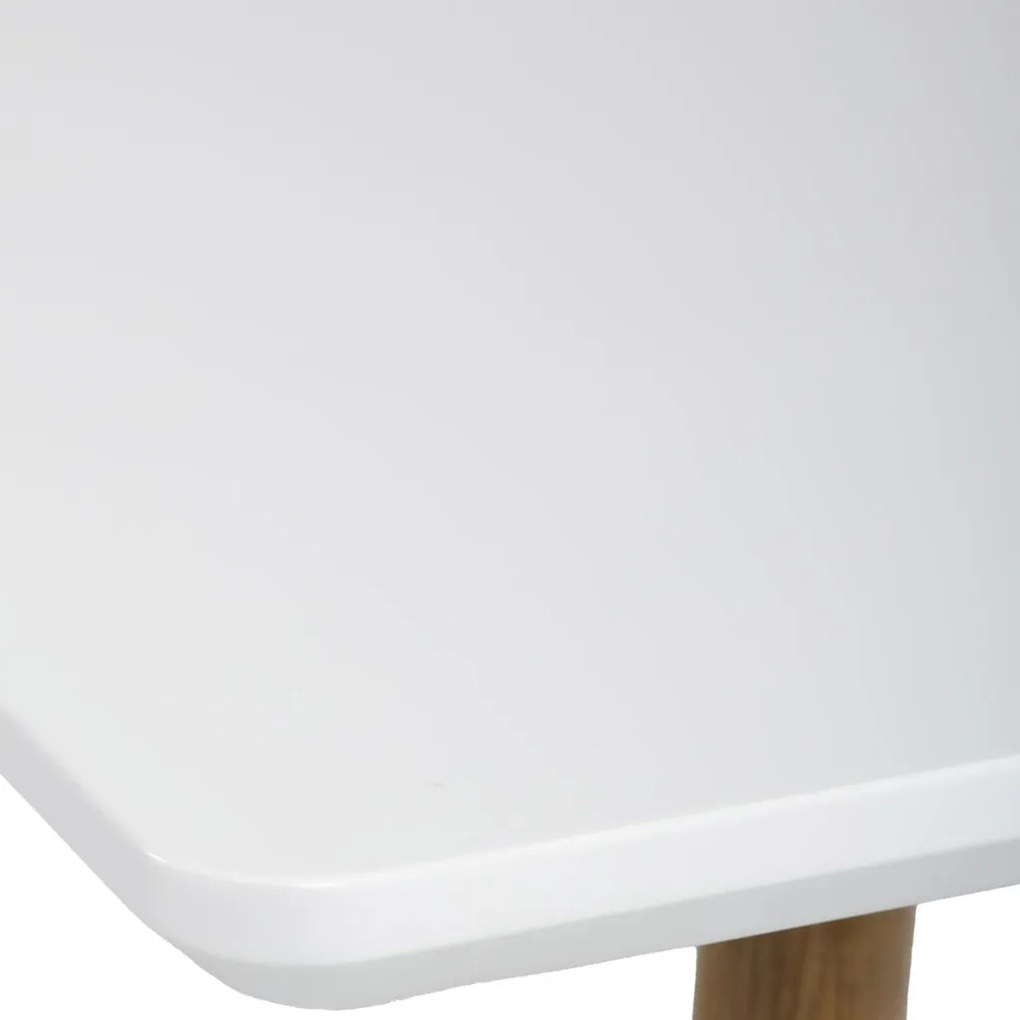 Masă de sufragerie 140x80, MDF, blat alb mat, picioare metalice de culoare stejar