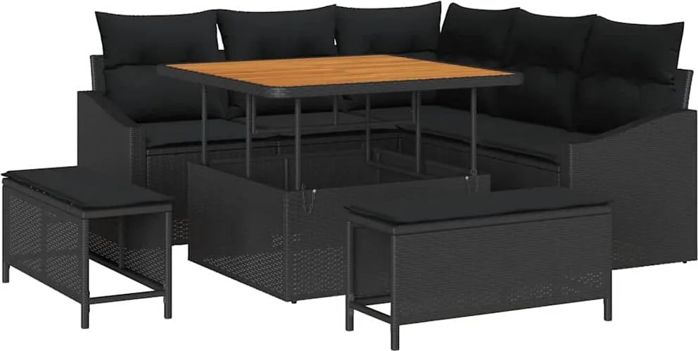 vidaXL Kerti Kanapé Szett párnával tárolóval 8 pcs Fekete Poli rattan
