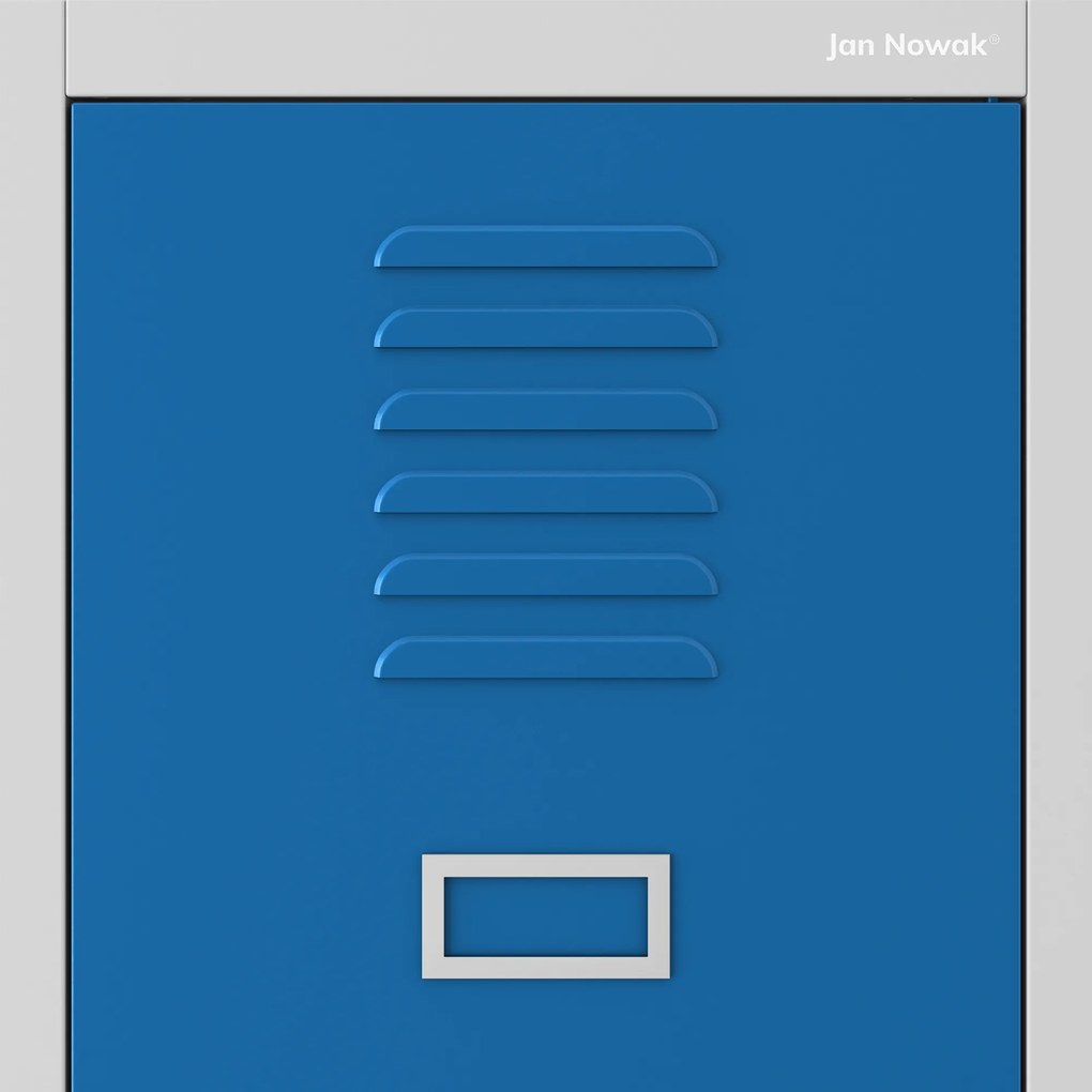 Pléh öltözőszekrény talpazaton, kétmodulos, polccal és köztes fallal KACPER, 800 x 1800 x 500 mm, szürke-kék