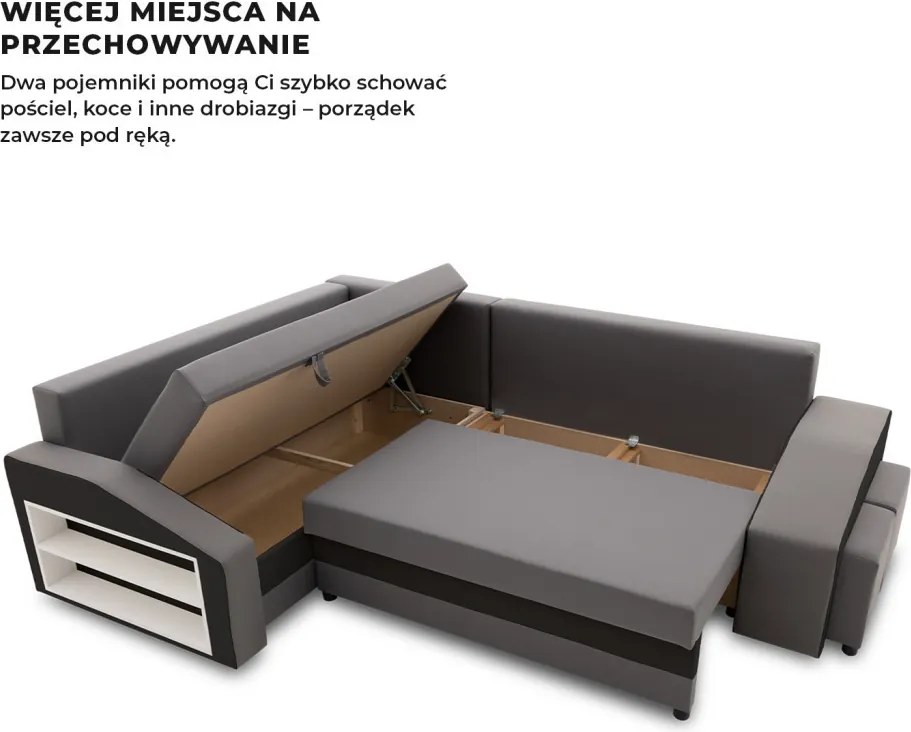 Grande sarokkanapé polcokkal és puffokkal , polc a bal karfaban puffok a jobb karfaban, baloldali, szövet anyag, bonell töltet, szürke - fekete