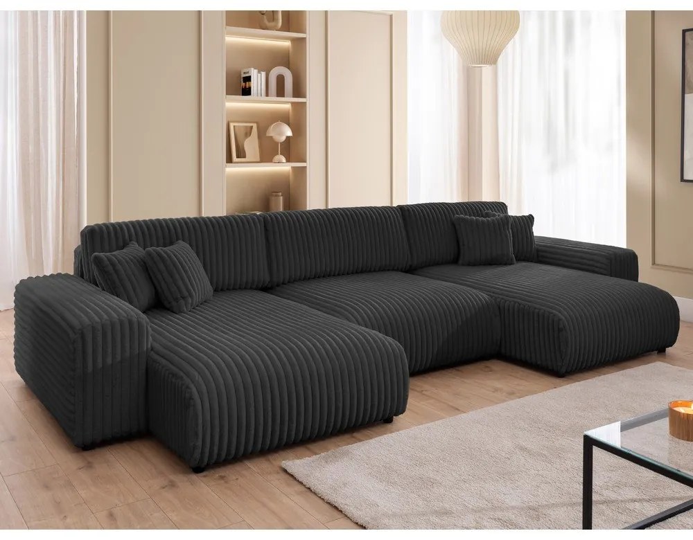 Sötétszürke kordbársony kinyitható-tárolóhelyes sarokkanapé (U alakú) Sarina – Ropez