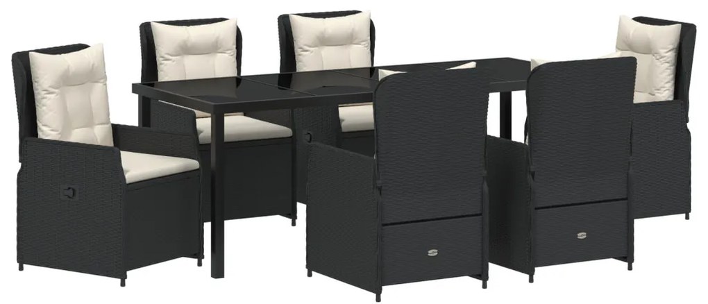 7 Részes Kerti Étkezősor Fekete Poli Rattan, Kerti Asztal Fekete 200x80x73 cm Edzett Üvegből