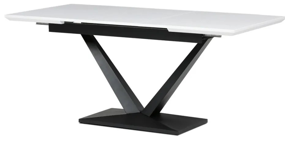 Masă de sufragerie, 140+40x85, cu blat MDF alb mat, picioare metalice negre.